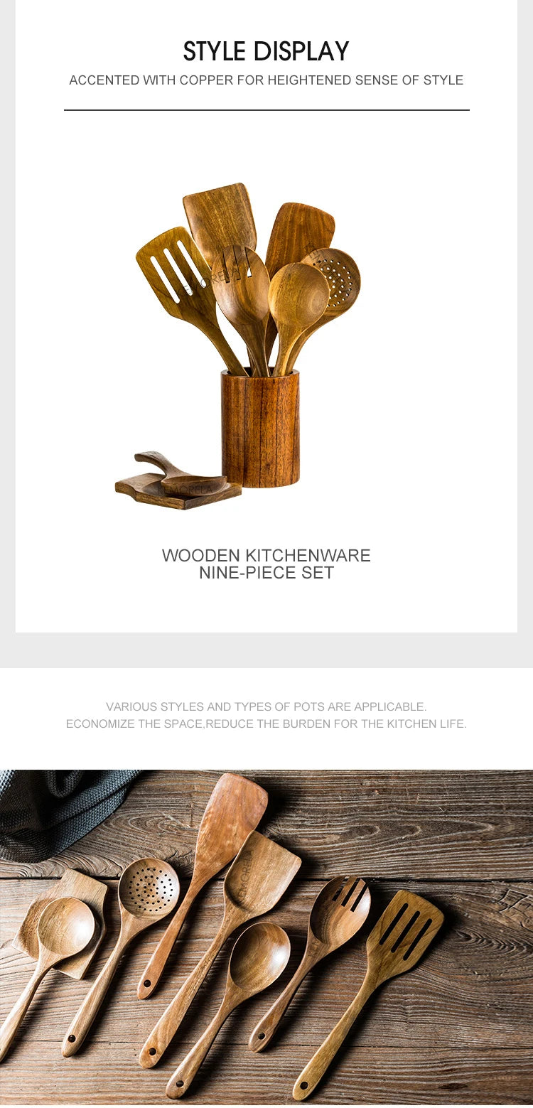 9-Piece Premium Teak Wood Cooking Utensil Set with Holder - Eco-Friendly Handcrafted Kitchen Tools