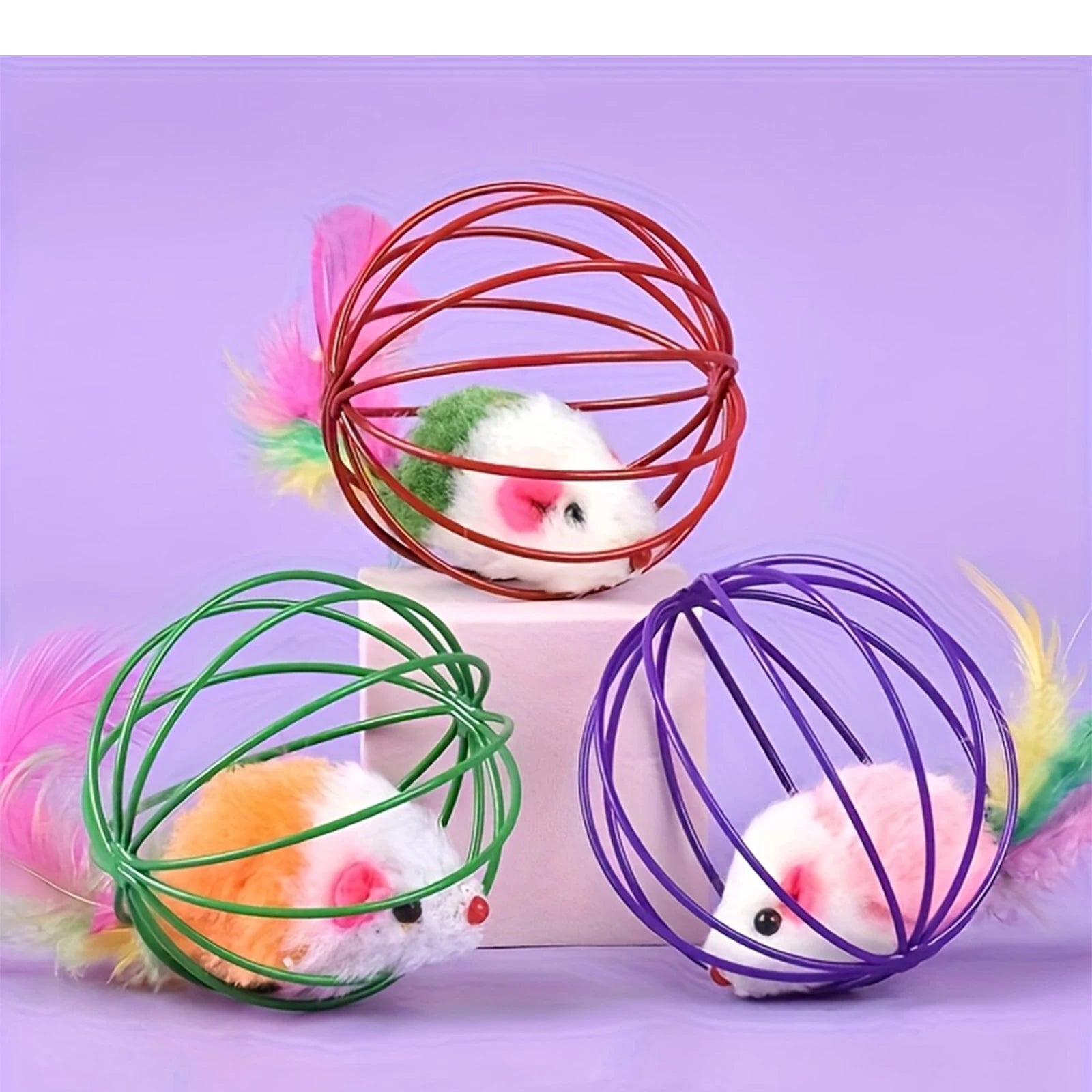 LISM Wire Cage Mouse Cat Toy | Feather Tail & Jingle Bell Ball | Interactive Stimulation Toy for Indoor Cats