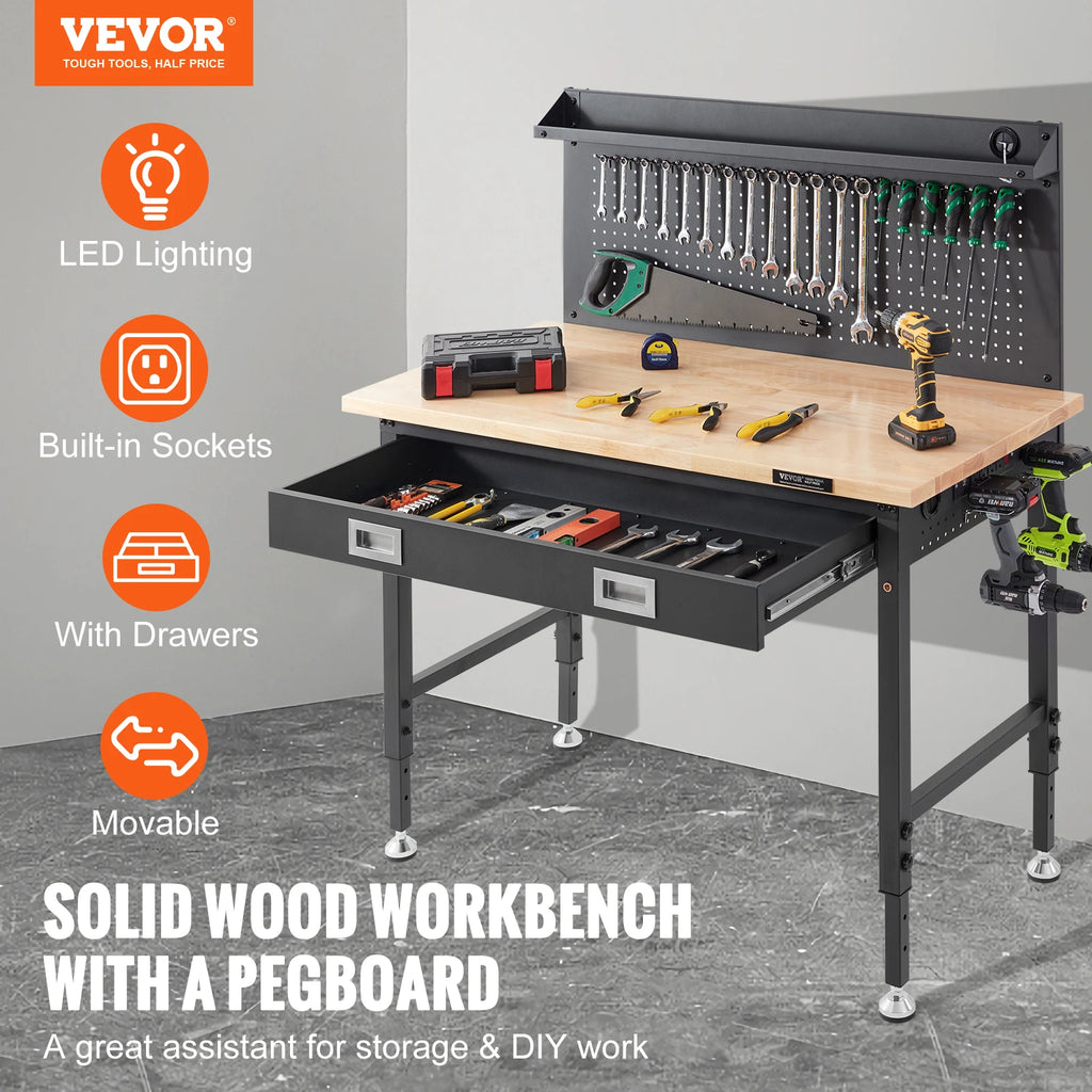 SucceBuy Hardwood Workbench - 2000lbs Heavy Duty Oak Plank Work Table for Garage