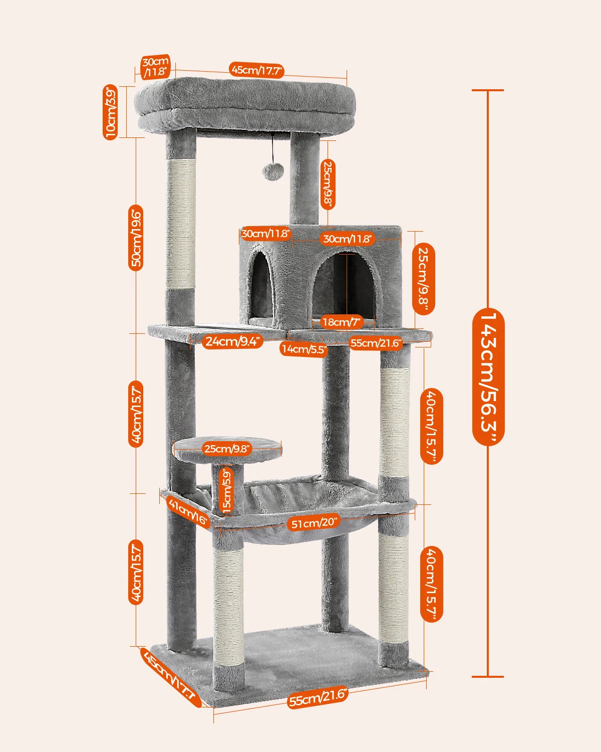 PAWZ Road 5-Level Cat Tree Tower | Large Hammock, Sisal Scratching Posts & Cozy Condo for Indoor Cats