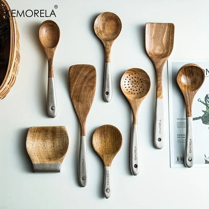 Acacia Wood Cooking Utensils - Handcrafted Wooden Spoons & Kitchen Tools for Cooking/Serving