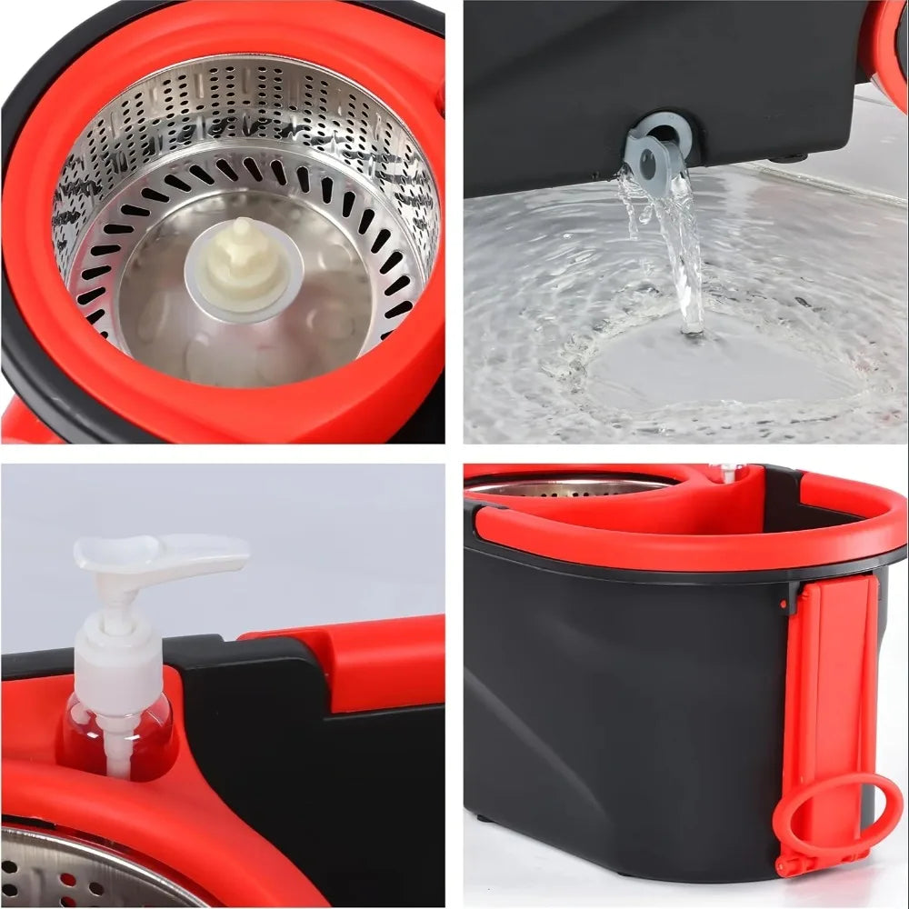 360° Spin Mop & Bucket Set with Wringer | Stainless Steel Handle, Rolling Wheels | All Hard Floors
