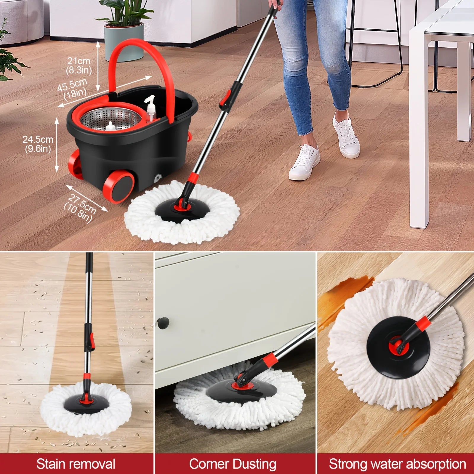 360° Spin Mop & Bucket Set with Wringer | Stainless Steel Handle, Rolling Wheels | All Hard Floors