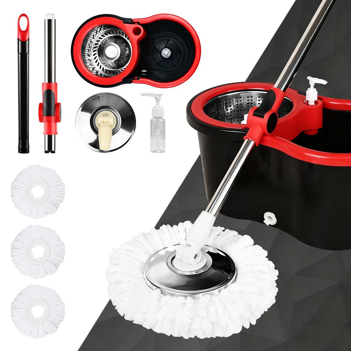 360° Spin Mop Bucket Sets with Wring System in 3 Microfiber Heads