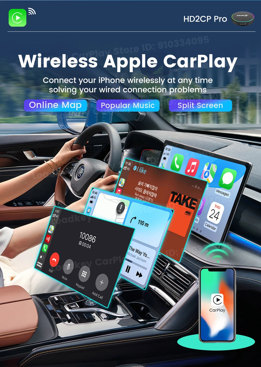 CarlinKit HD2CP Pro | Wireless CarPlay & Android Auto + HDMI Input Adapter | 2K@30fps | Plug & Play