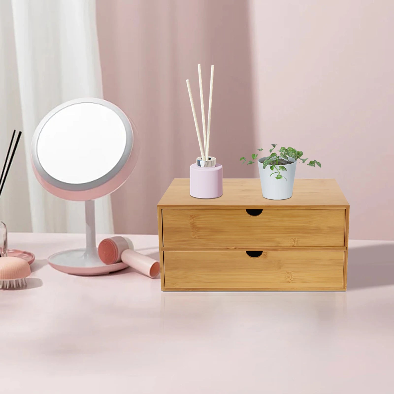 Bamboo Desktop Organizer - 2-Drawer Natural Wood Stationery & Makeup Storage