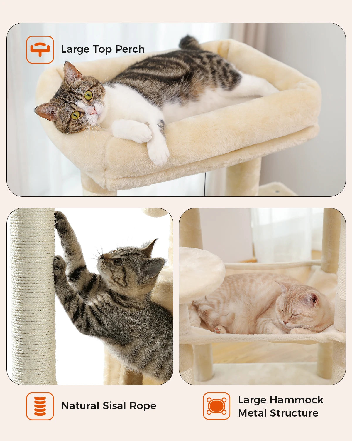 PAWZ Road 5-Level Cat Tree Tower | Large Hammock, Sisal Scratching Posts & Cozy Condo for Indoor Cats