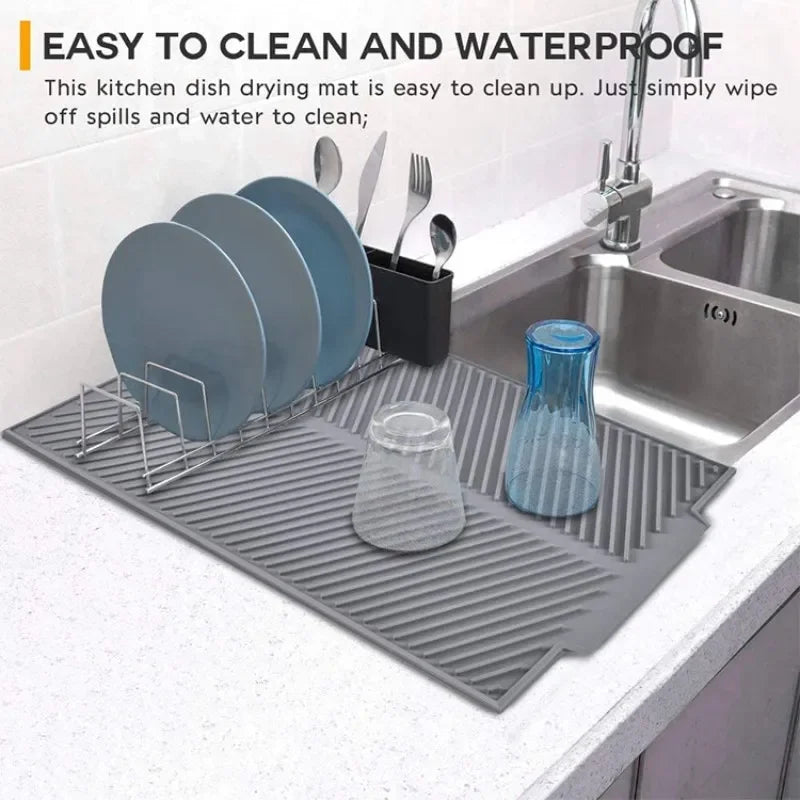 Silicone Dish Drying Mat with Drain Lip - Eco-Friendly Heat-Resistant Non-Slip Countertop Protector