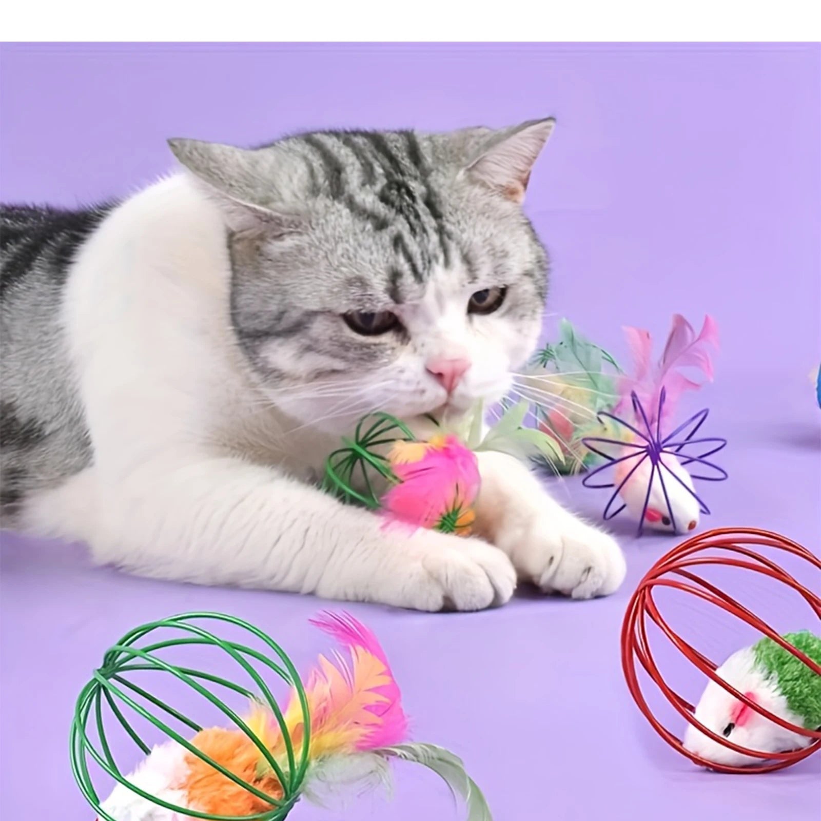 LISM Wire Cage Mouse Cat Toy | Feather Tail & Jingle Bell Ball | Interactive Stimulation Toy for Indoor Cats