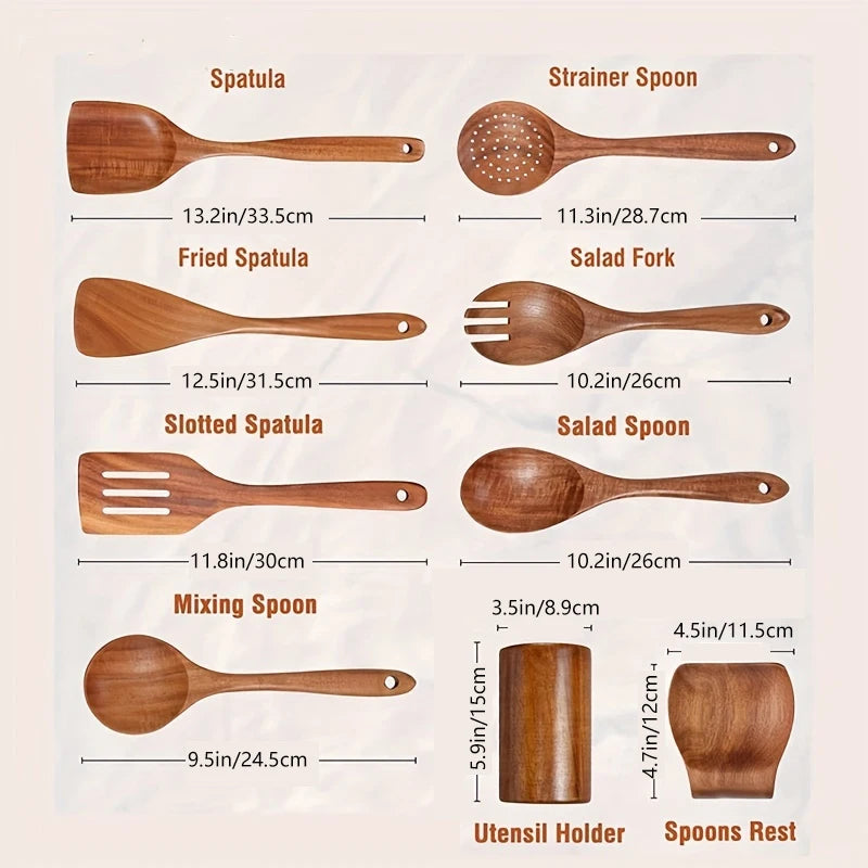 9-Piece Premium Teak Wood Cooking Utensil Set with Holder - Eco-Friendly Handcrafted Kitchen Tools