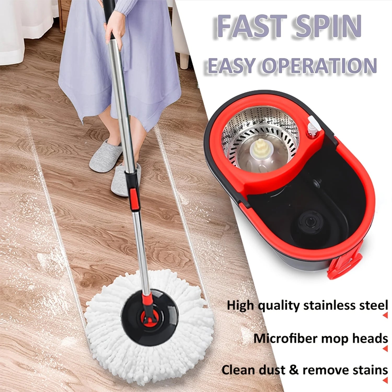 360° Spin Mop & Bucket Set with Wringer | Stainless Steel Handle, Rolling Wheels | All Hard Floors