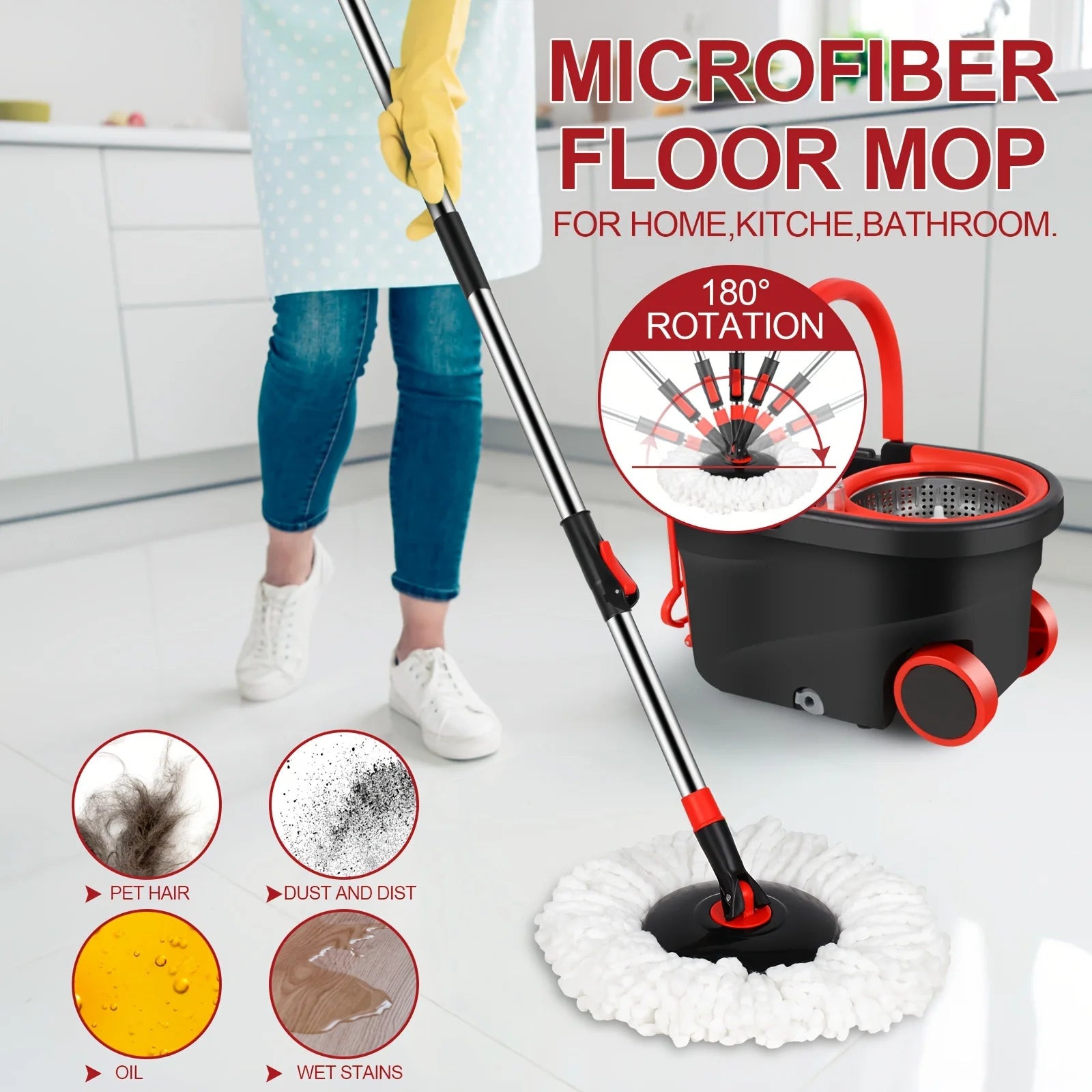 360° Spin Mop & Bucket Set with Wringer | Stainless Steel Handle, Rolling Wheels | All Hard Floors