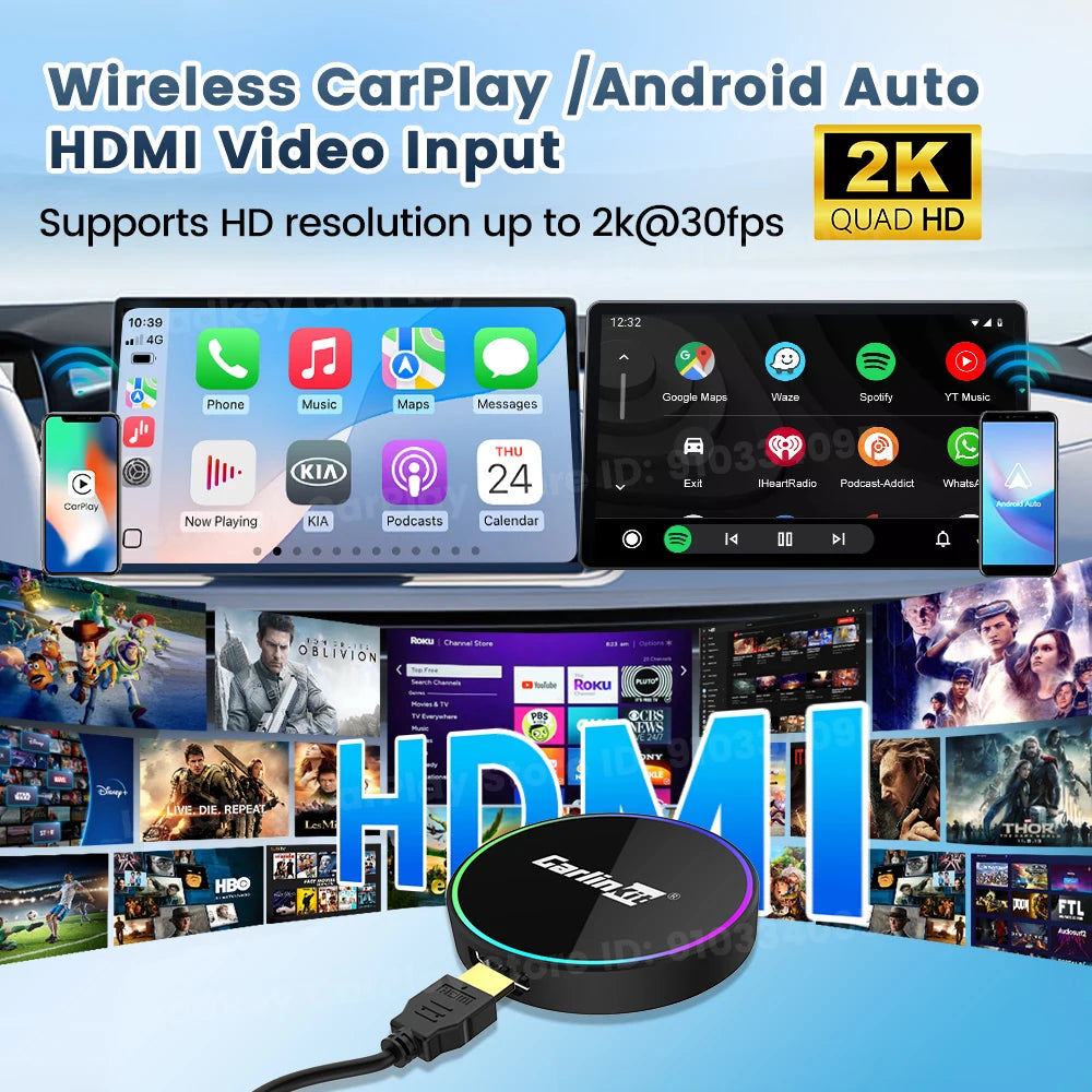 CarlinKit HD2CP Pro | Wireless CarPlay & Android Auto + HDMI Input Adapter | 2K@30fps | Plug & Play