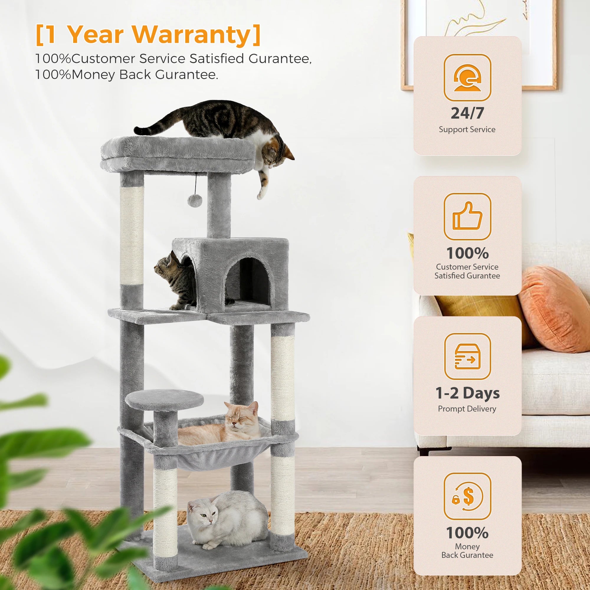 PAWZ Road 5-Level Cat Tree Tower | Large Hammock, Sisal Scratching Posts & Cozy Condo for Indoor Cats