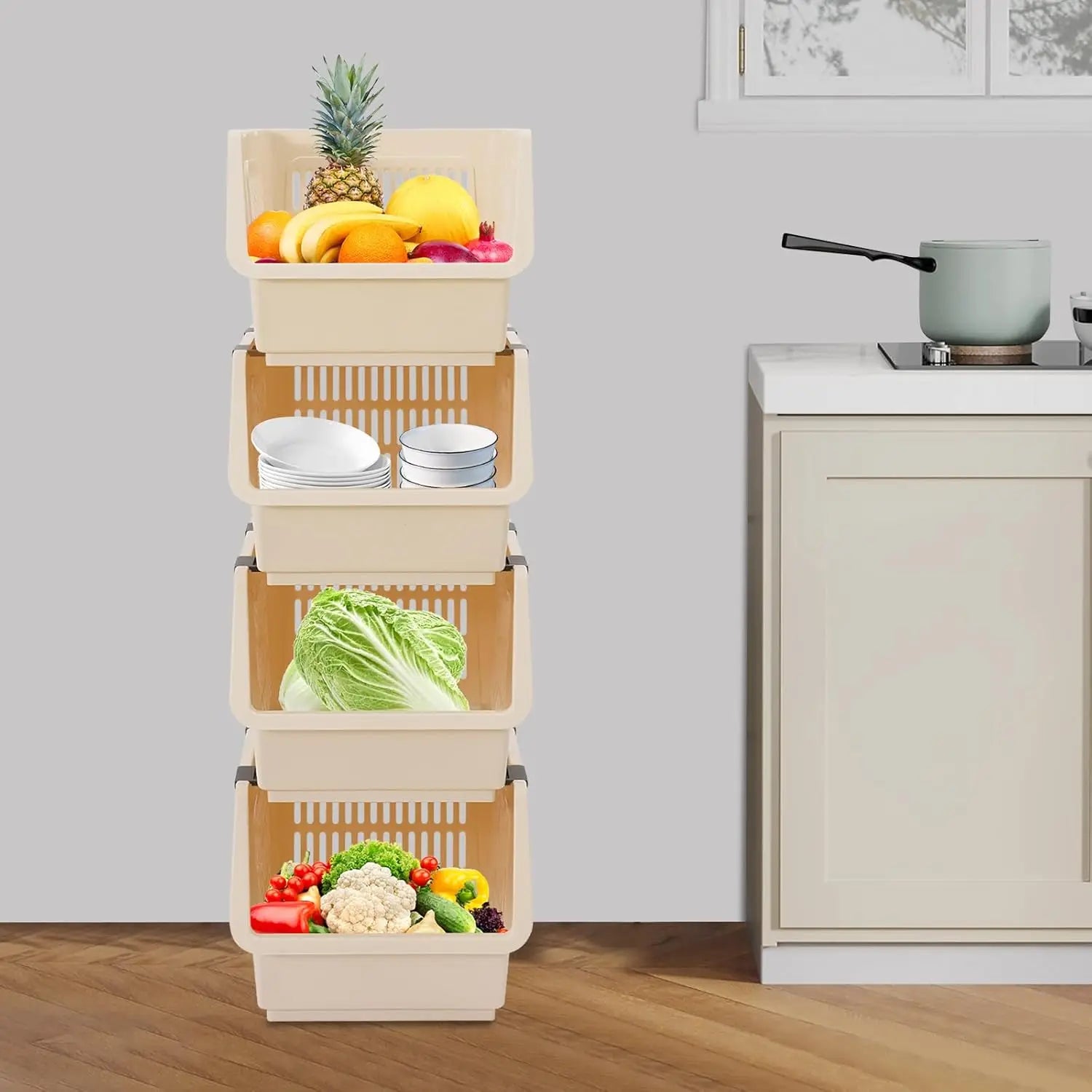 4-Pack Stackable Storage Baskets - Multi-Purpose Plastic Organizer Bins for Pantry