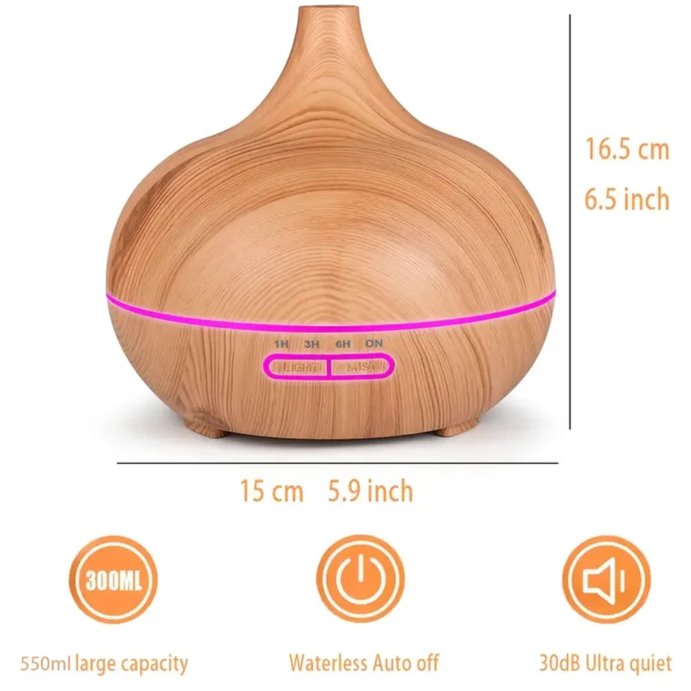 500ml Wood Grain Essential Oil Diffuser - Ultrasonic Cool Mist Humidifier with LED Lights