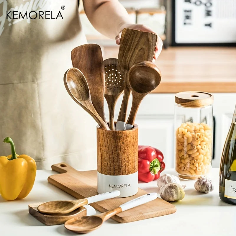 Acacia Wood Cooking Utensils - Handcrafted Wooden Spoons & Kitchen Tools for Cooking/Serving