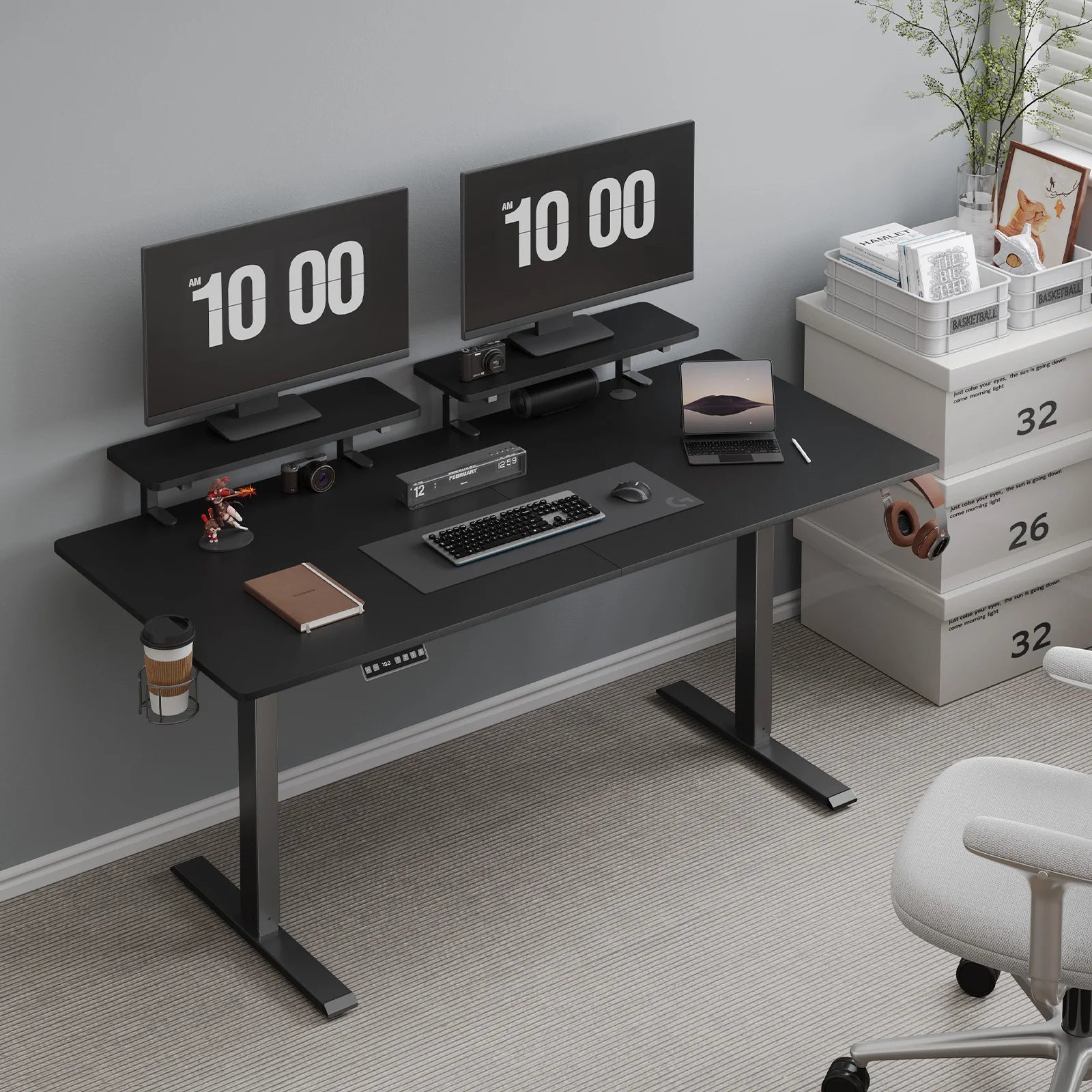 Standing Desk with Dual Monitor Shelves - Ergonomic Workstation with 2 Adjustable Shelves