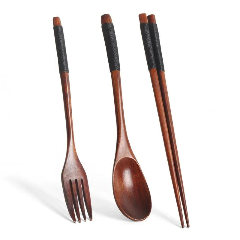 3-Piece Portable Bamboo Cutlery Set - Eco-Friendly Reusable Wooden Spoon, Fork & Chopsticks for Travel