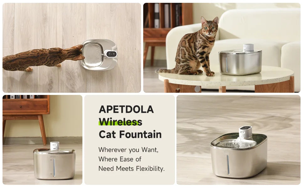 APETDOLA 4L Wireless Cat Water Fountain | Stainless Steel, Motion Sensor, 4000mAh Battery | 3 Modes for Cats & Dogs
