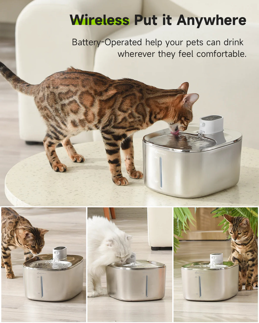 APETDOLA 4L Wireless Cat Water Fountain | Stainless Steel, Motion Sensor, 4000mAh Battery | 3 Modes for Cats & Dogs