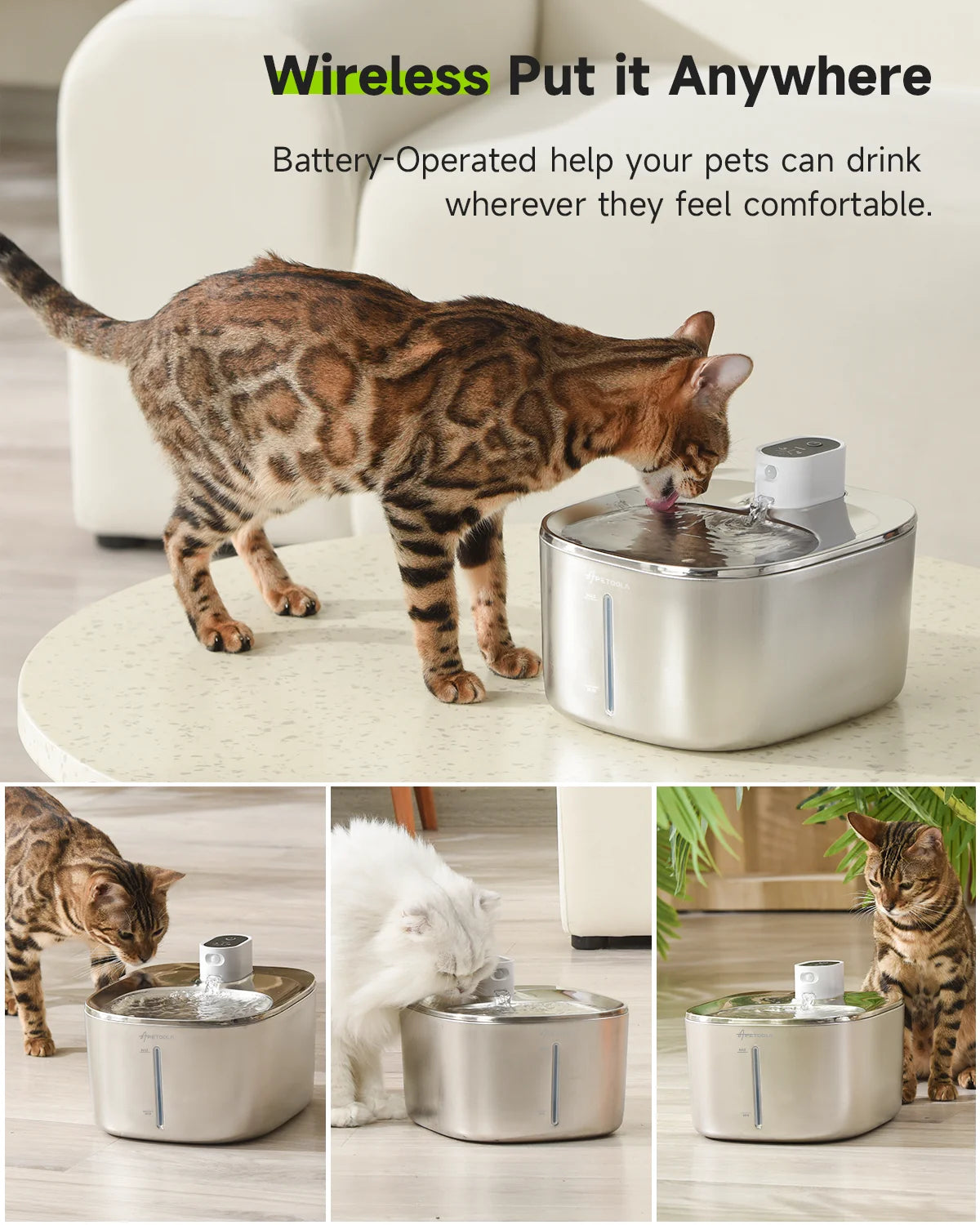 APETDOLA 4L Wireless Cat Water Fountain | Stainless Steel, Motion Sensor, 4000mAh Battery | 3 Modes for Cats & Dogs