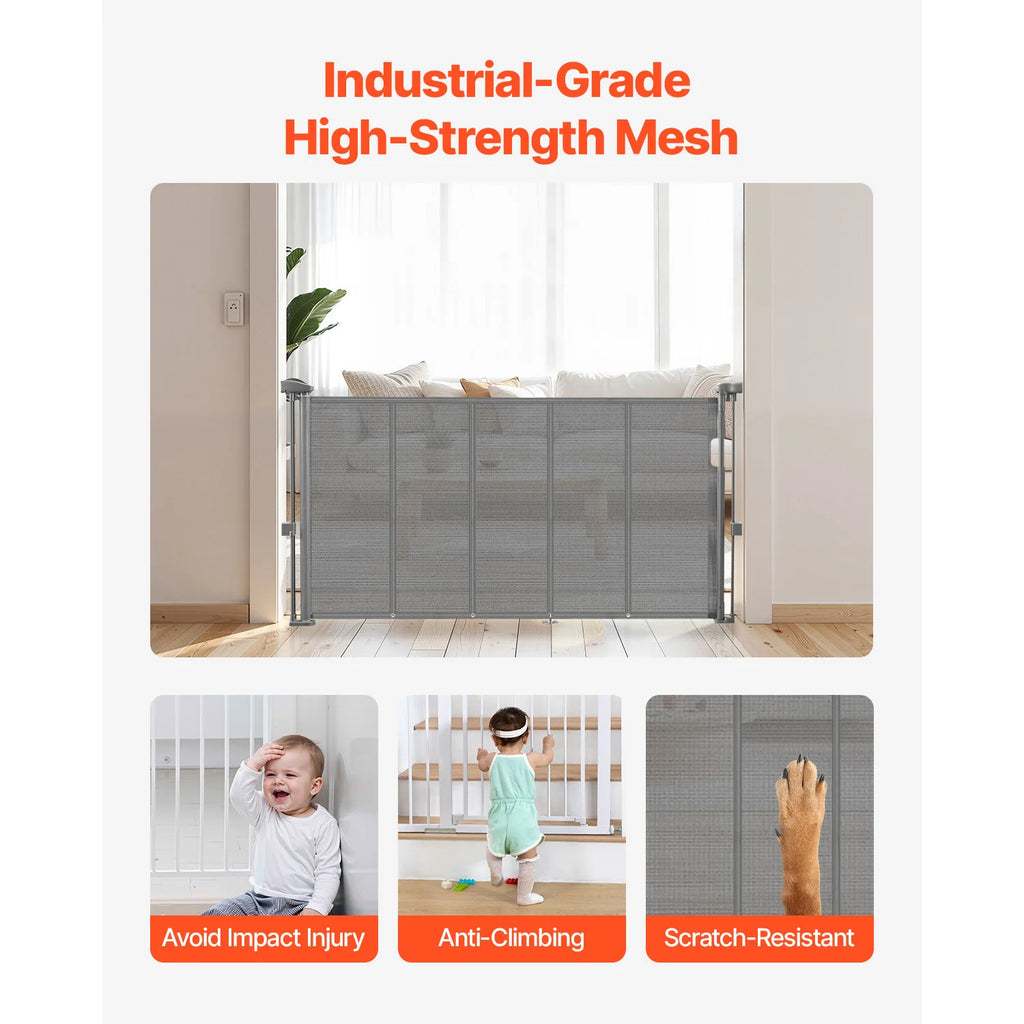SucceBuy Retractable Baby & Pet Gate | Soft Mesh, 34" Tall | Anti-Crawl Bottom Strip | 55–110 Inches Wide