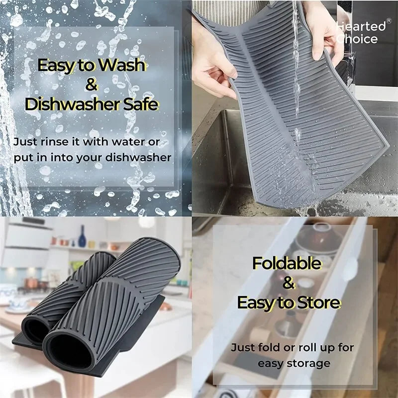 Silicone Dish Drying Mat with Drain Lip - Eco-Friendly Heat-Resistant Non-Slip Countertop Protector