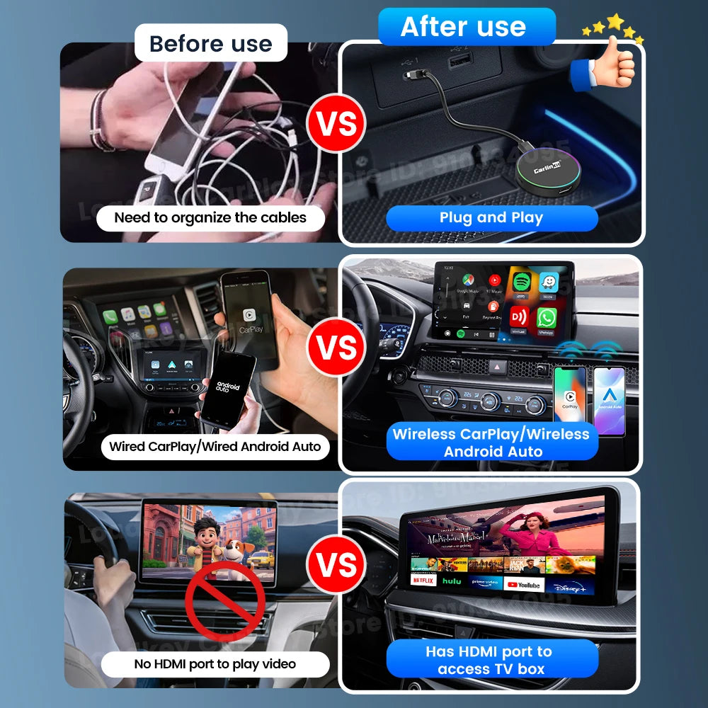 CarlinKit HD2CP Pro | Wireless CarPlay & Android Auto + HDMI Input Adapter | 2K@30fps | Plug & Play