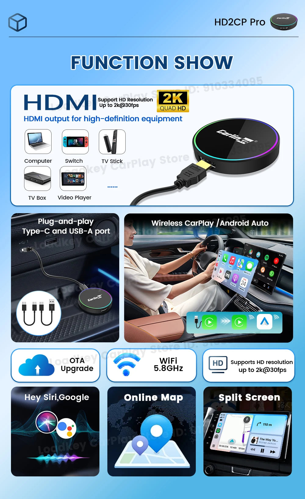 CarlinKit HD2CP Pro | Wireless CarPlay & Android Auto + HDMI Input Adapter | 2K@30fps | Plug & Play