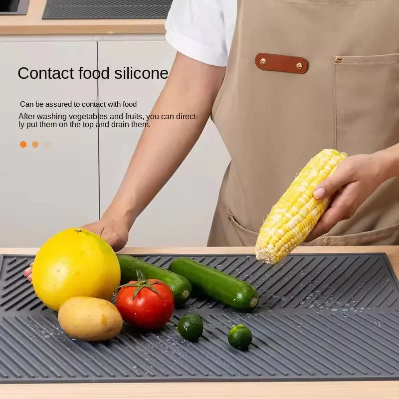 Silicone Dish Drying Mat with Drain Lip - Eco-Friendly Heat-Resistant Non-Slip Countertop Protector