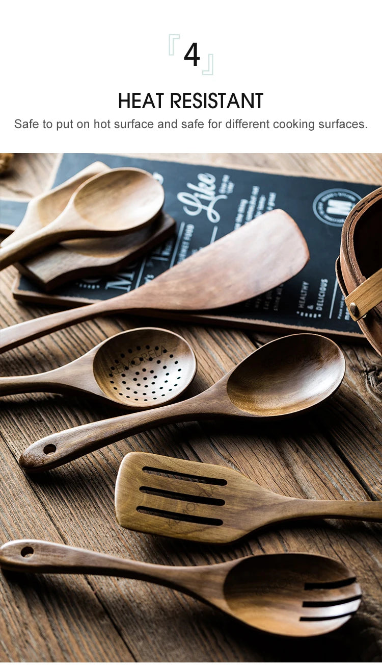 9-Piece Premium Teak Wood Cooking Utensil Set with Holder - Eco-Friendly Handcrafted Kitchen Tools