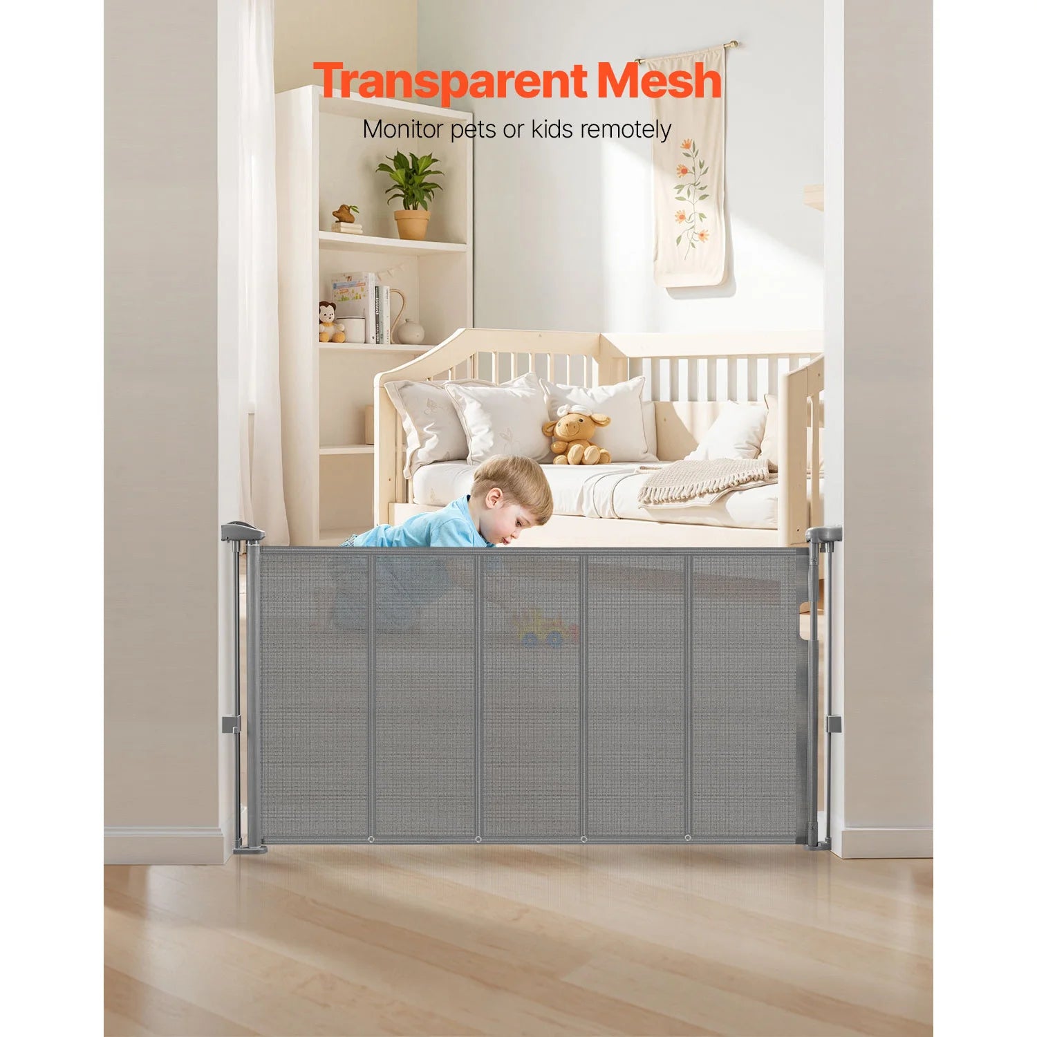 SucceBuy Retractable Baby & Pet Gate | Soft Mesh, 34" Tall | Anti-Crawl Bottom Strip | 55–110 Inches Wide