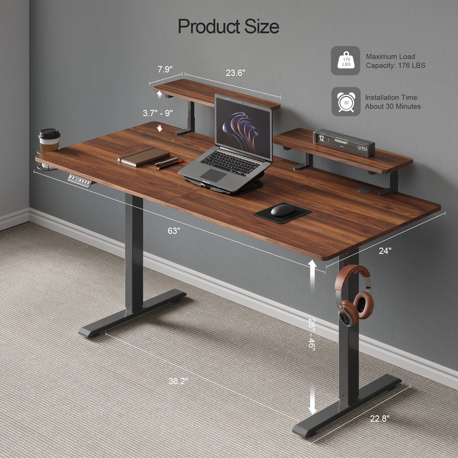 Standing Desk with Dual Monitor Shelves - Ergonomic Workstation with 2 Adjustable Shelves