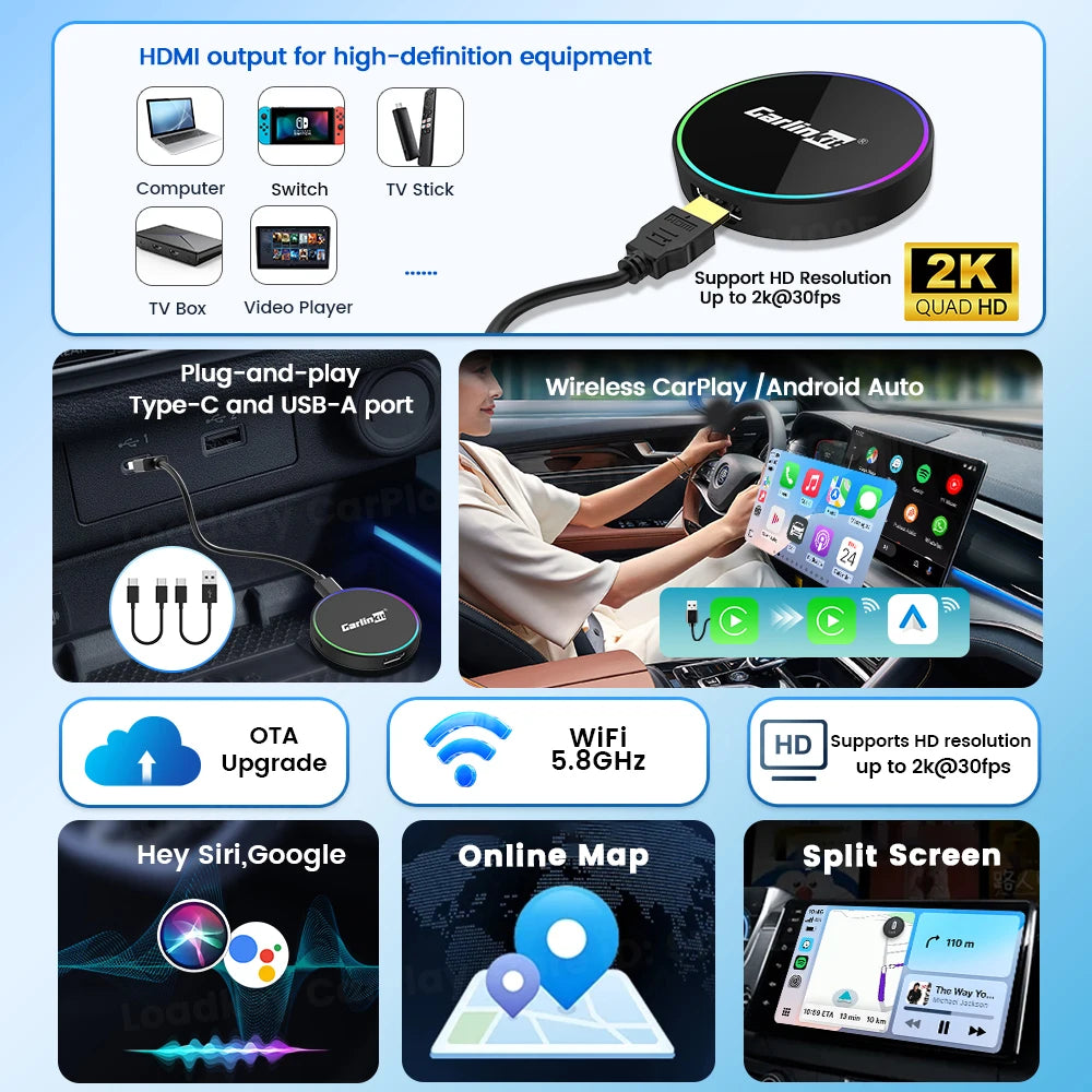 CarlinKit HD2CP Pro | Wireless CarPlay & Android Auto + HDMI Input Adapter | 2K@30fps | Plug & Play