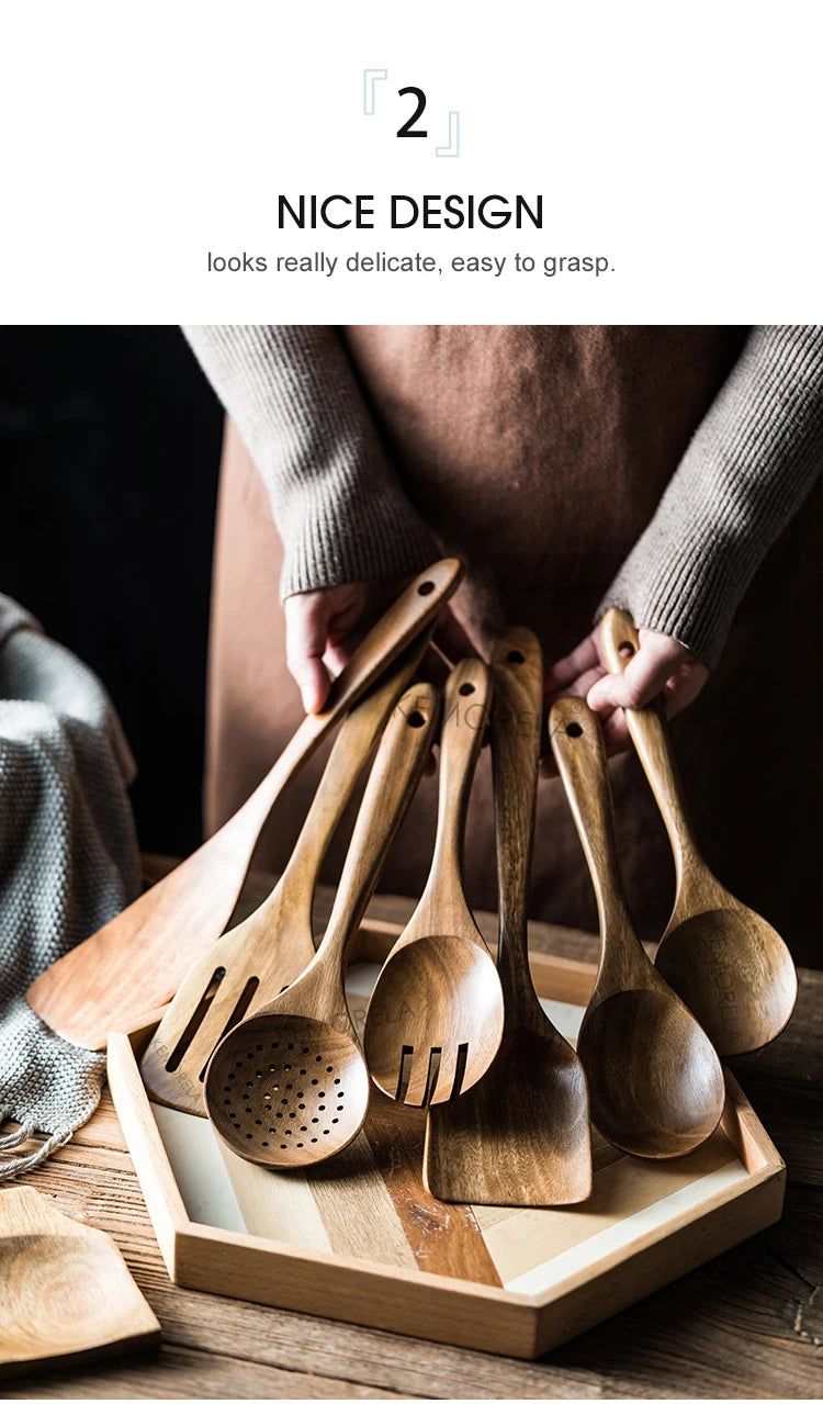 9-Piece Premium Teak Wood Cooking Utensil Set with Holder - Eco-Friendly Handcrafted Kitchen Tools