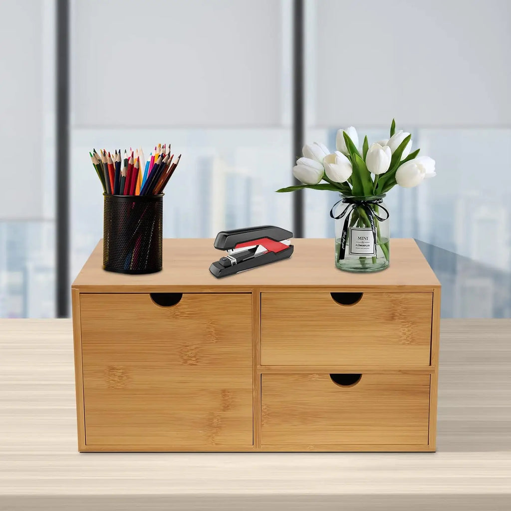 Desk Organizer with 3 Drawers - Bamboo Desktop Storage Box for Home Office