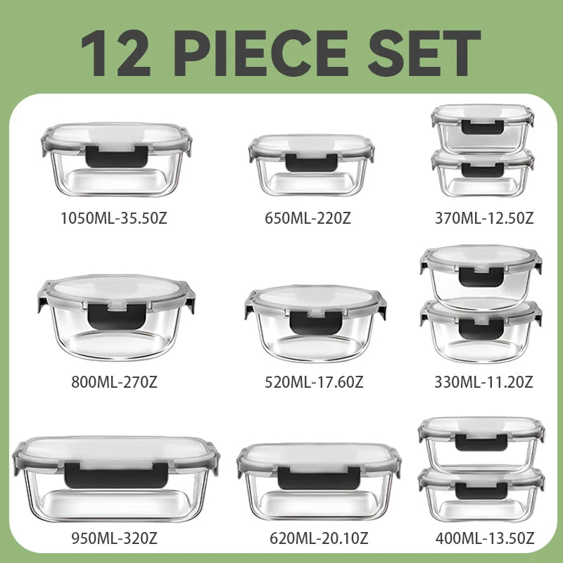 12-Piece Glass Lunch Box Set - Leak-Proof Glass Food Storage Containers with Lids
