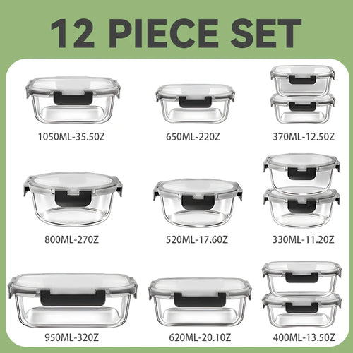 12-Piece Glass Lunch Box Set - Leak-Proof Glass Food Storage Containers with Lids