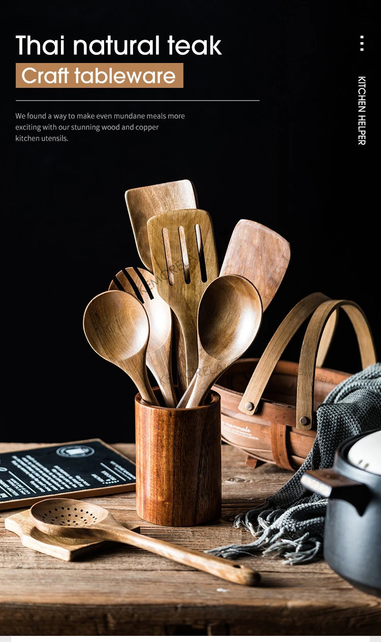 9-Piece Premium Teak Wood Cooking Utensil Set with Holder - Eco-Friendly Handcrafted Kitchen Tools