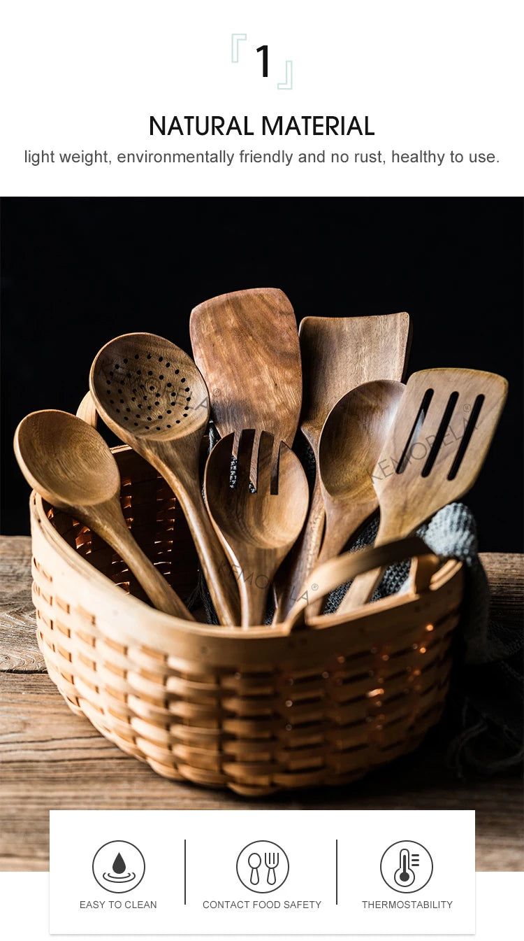 9-Piece Premium Teak Wood Cooking Utensil Set with Holder - Eco-Friendly Handcrafted Kitchen Tools