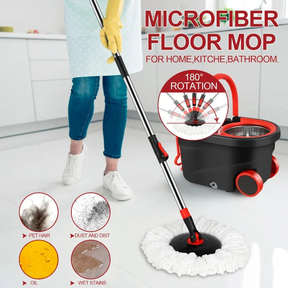 360° Spin Mop & Bucket Set with Wringer | Stainless Steel Handle, Rolling Wheels | All Hard Floors