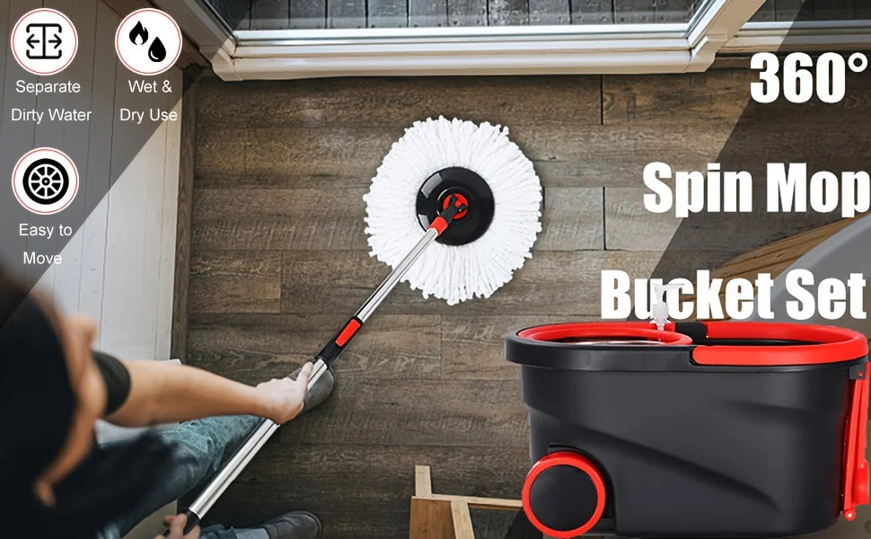 360° Spin Mop & Bucket Set with Wringer | Stainless Steel Handle, Rolling Wheels | All Hard Floors