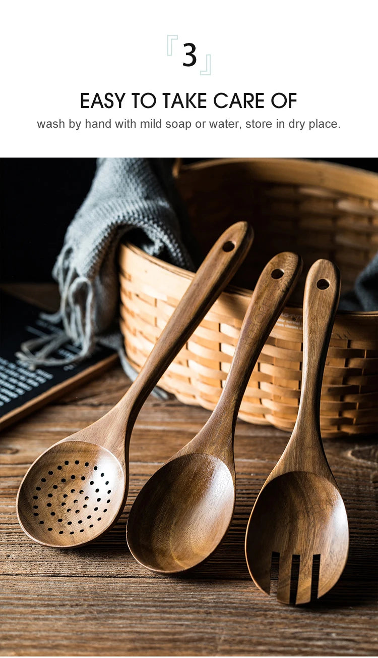 9-Piece Premium Teak Wood Cooking Utensil Set with Holder - Eco-Friendly Handcrafted Kitchen Tools