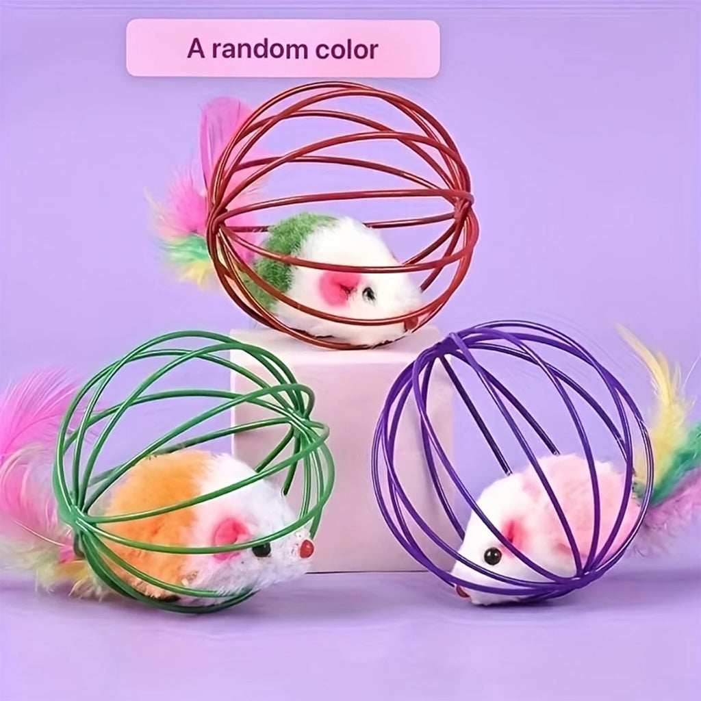 LISM Wire Cage Mouse Cat Toy | Feather Tail & Jingle Bell Ball | Interactive Stimulation Toy for Indoor Cats