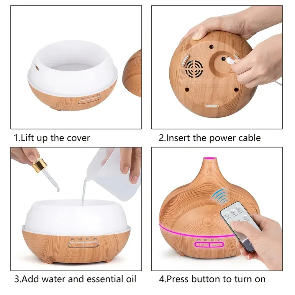 500ml Wood Grain Essential Oil Diffuser - Ultrasonic Cool Mist Humidifier with LED Lights