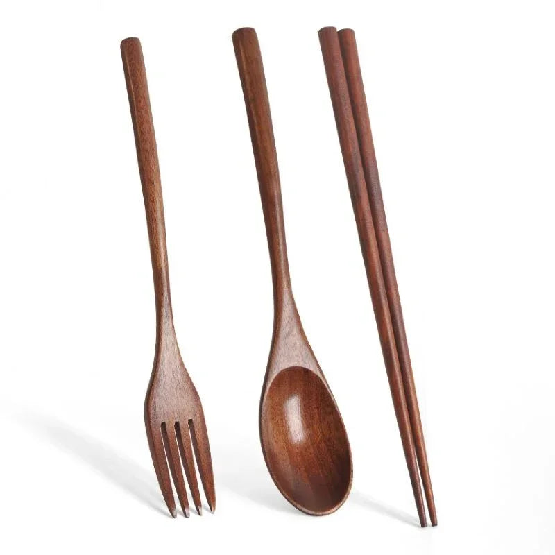 3-Piece Portable Bamboo Cutlery Set - Eco-Friendly Reusable Wooden Spoon, Fork & Chopsticks for Travel