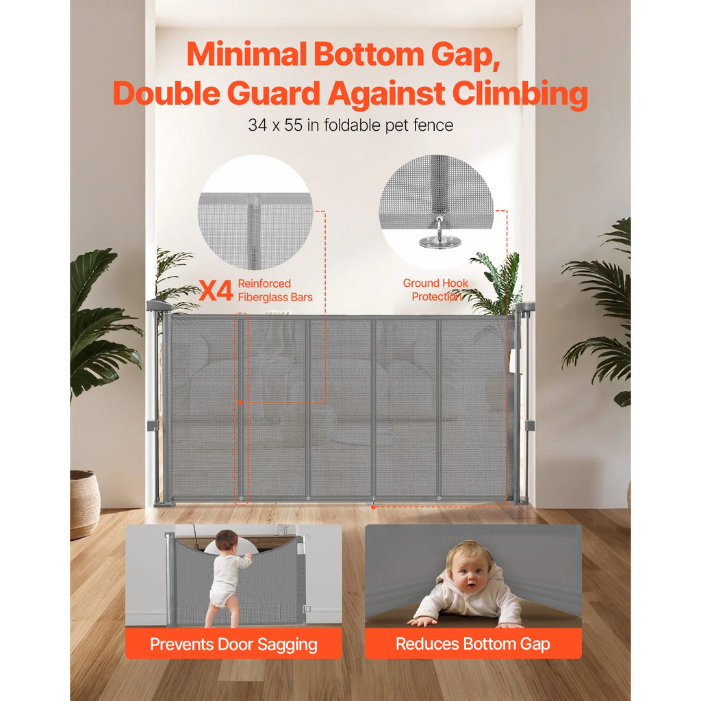 SucceBuy Retractable Baby & Pet Gate | Soft Mesh, 34" Tall | Anti-Crawl Bottom Strip | 55–110 Inches Wide