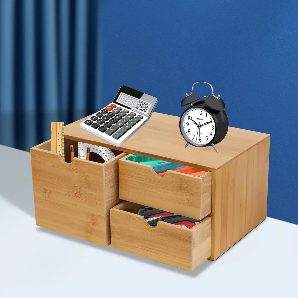 Desk Organizer with 3 Drawers - Bamboo Desktop Storage Box for Home Office