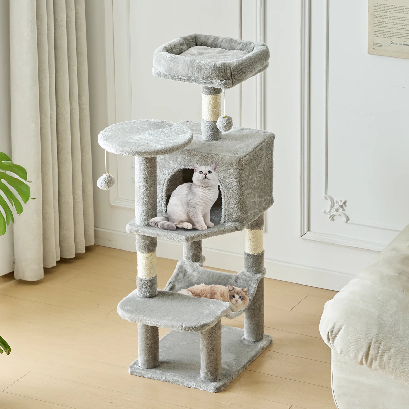 JHK 44" Multi-Level Cat Tree Tower | 4-Tier Climbing Tower with Condo, Hammock & Sisal Scratching Posts | For 2–3 Cats